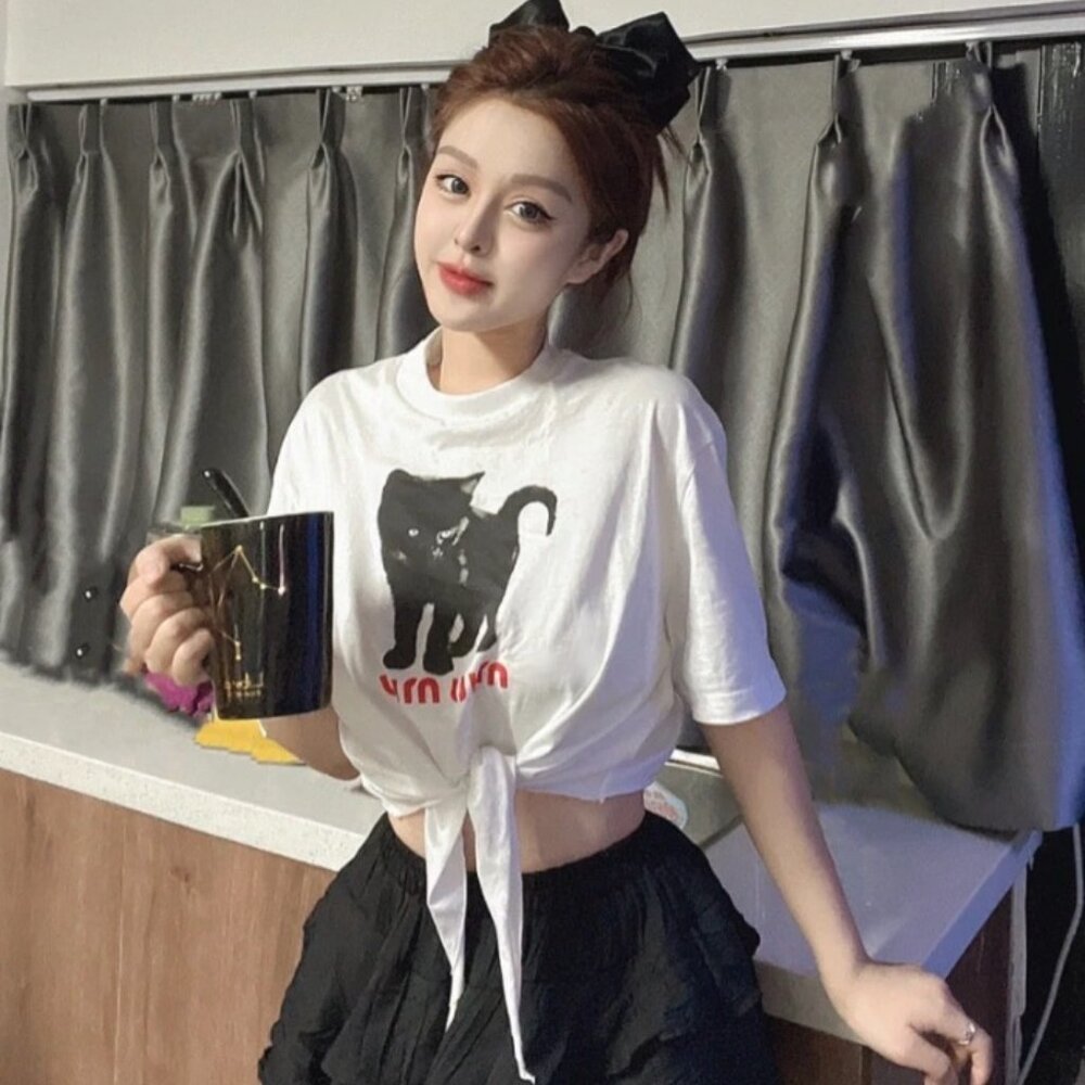 GW0522 Miu Miu White cat letter printed cotton round neck short-sleeved T-shirt - Picture 9 of 9
